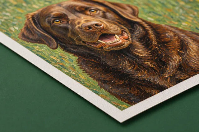Close-up of a dog art portrait printed on flexible fine-art paper